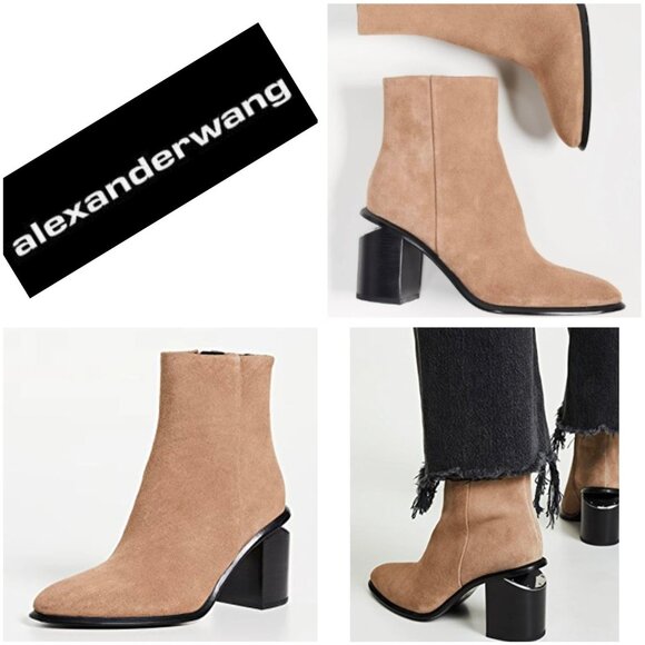 Alexander Wang Suede Ankle Boots Taupe Block Heel Zip Booties Size 36.5 US 6 - Picture 14 of 15